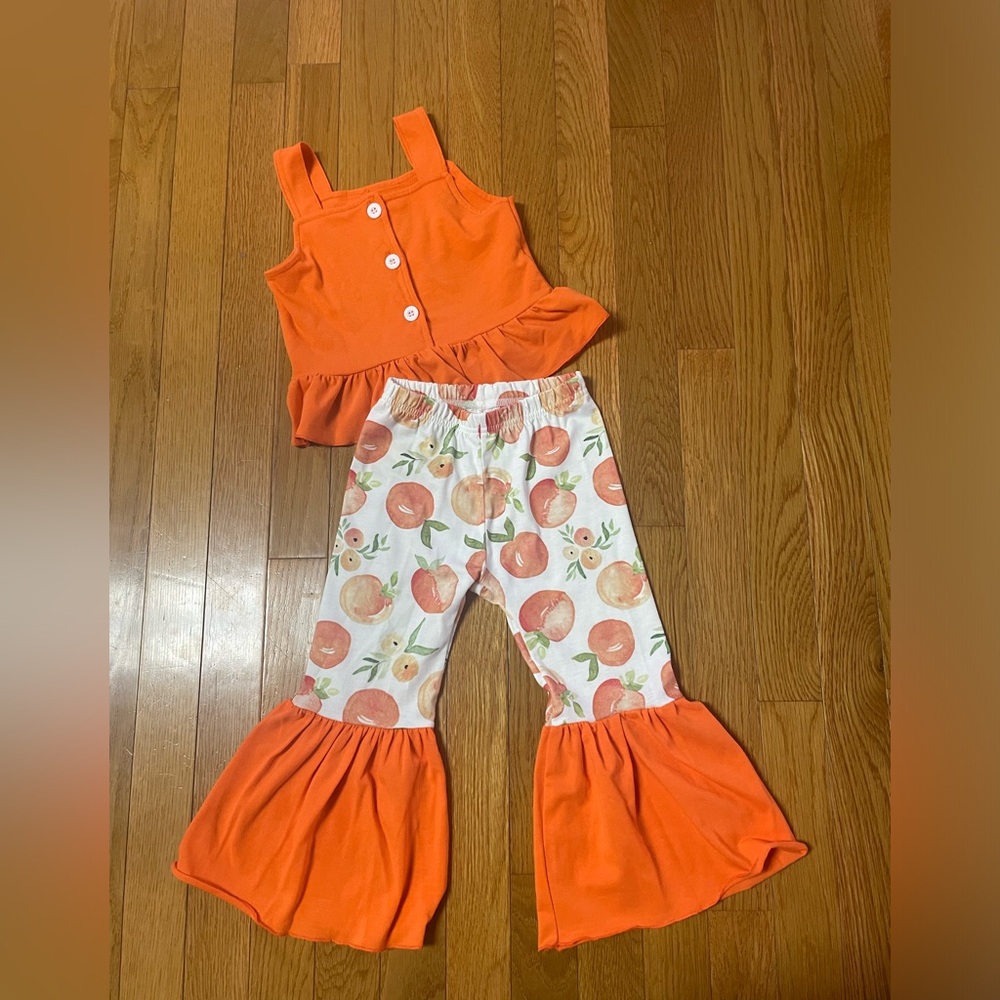 Orange Ruffle Top and peach Print‎ Pants with flare Set 3T
